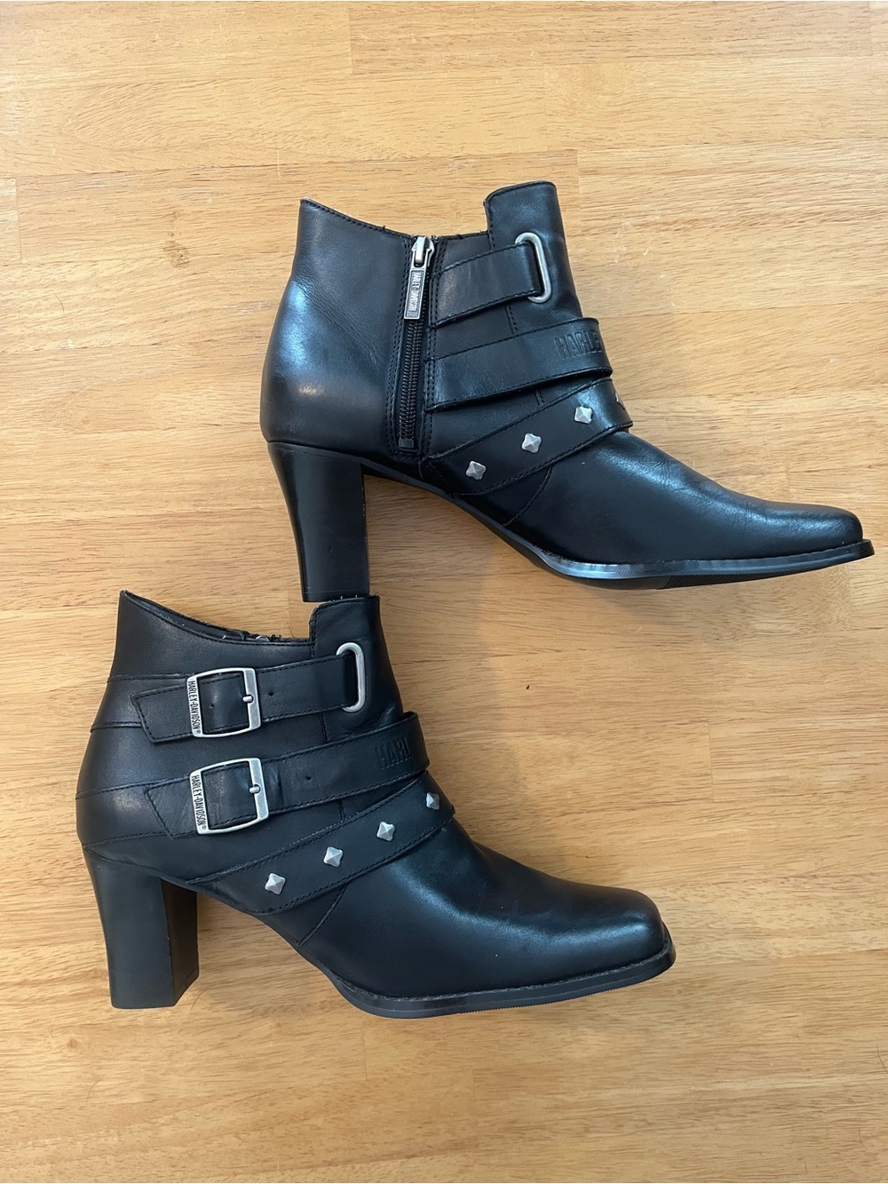 Harley-Davidson Black Leather Buckle Ankle Boots with Studs